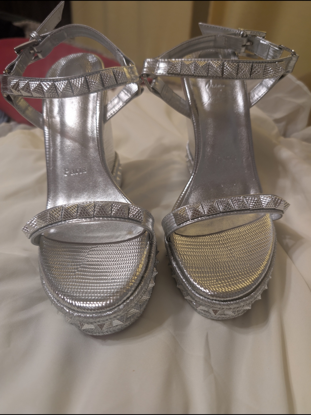 Silver Metallic T-Strap Platform Heels
